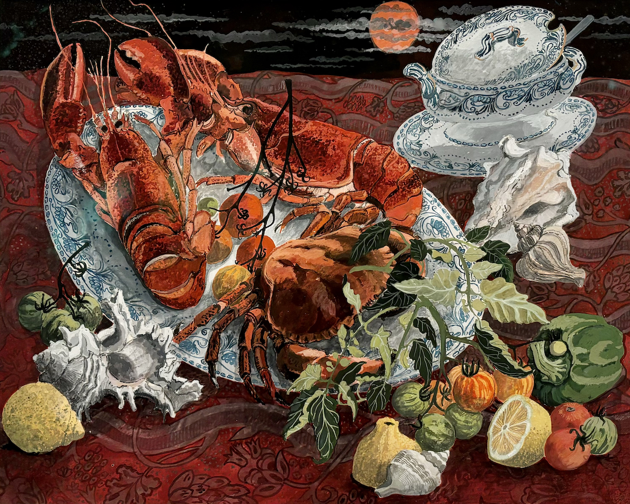 On the plate by Dione Page depicts a lobster and crab served on a plater surounded by citrus and sea shells upon a deep red table cloth.