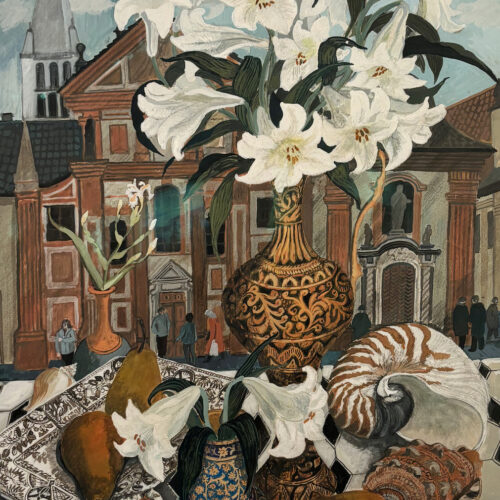 Dione Page gouche painting called the terracotta palace. This piece depicts white lillies in a vase surrounded by other smaller terracotta vases and sea shells.