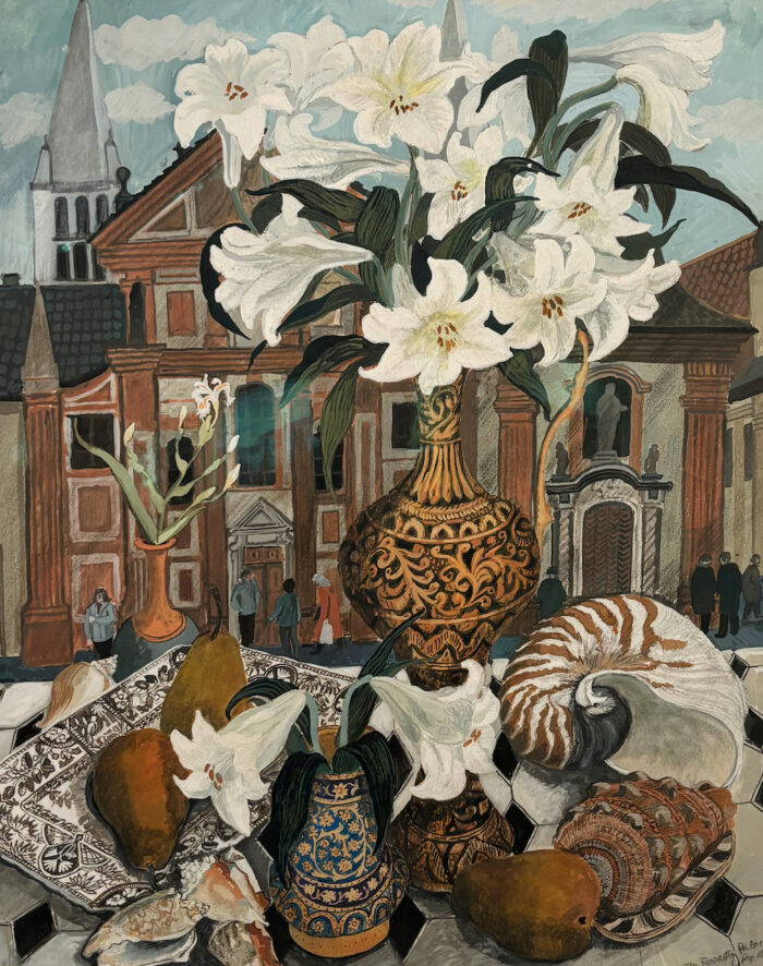 Dione Page gouche painting called the terracotta palace. This piece depicts white lillies in a vase surrounded by other smaller terracotta vases and sea shells.