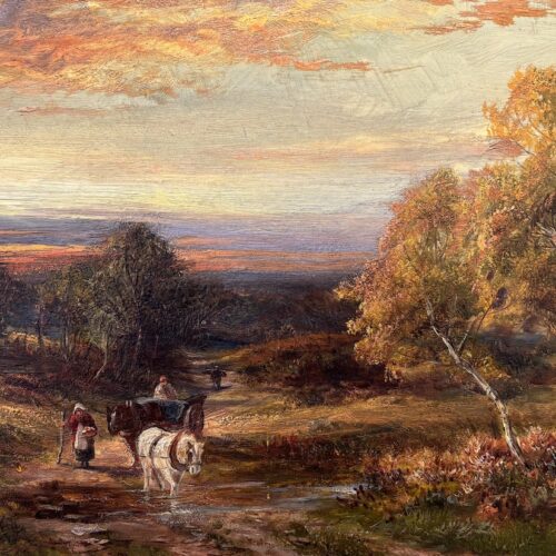 This George Turner painting depicts a man ad his horse walking along a field during a pink and blue sky.
