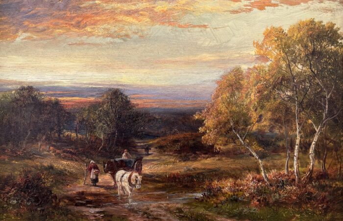 This George Turner painting depicts a man ad his horse walking along a field during a pink and blue sky.